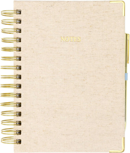 ELYN Lined Spiral Journal, Linen Hardcover Notebook with Matching Gold Gel Pen, 252 Pages, 8 in x 5 in - 100 GSM Premium Paper, Spiral Notebook for Home, Office, Notes & Gifts, (Linen)