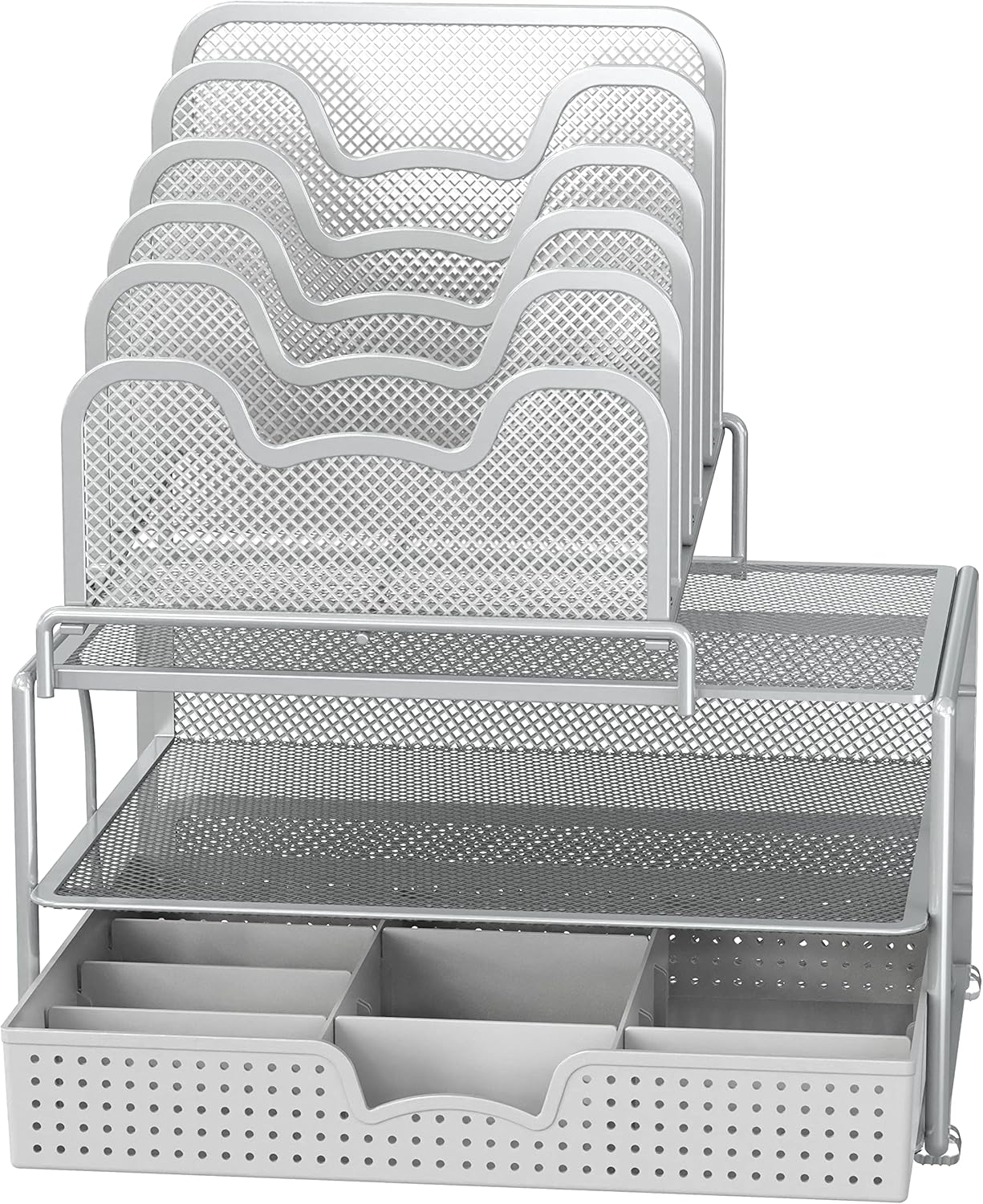 Simple Houseware Mesh Desk Organizer with Sliding Drawer, Double Tray and 5 Stacking Sorter Sections, Black