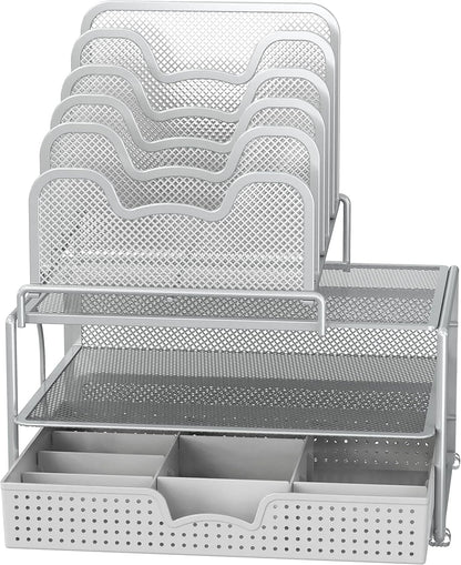 Simple Houseware Mesh Desk Organizer with Sliding Drawer, Double Tray and 5 Stacking Sorter Sections, Black