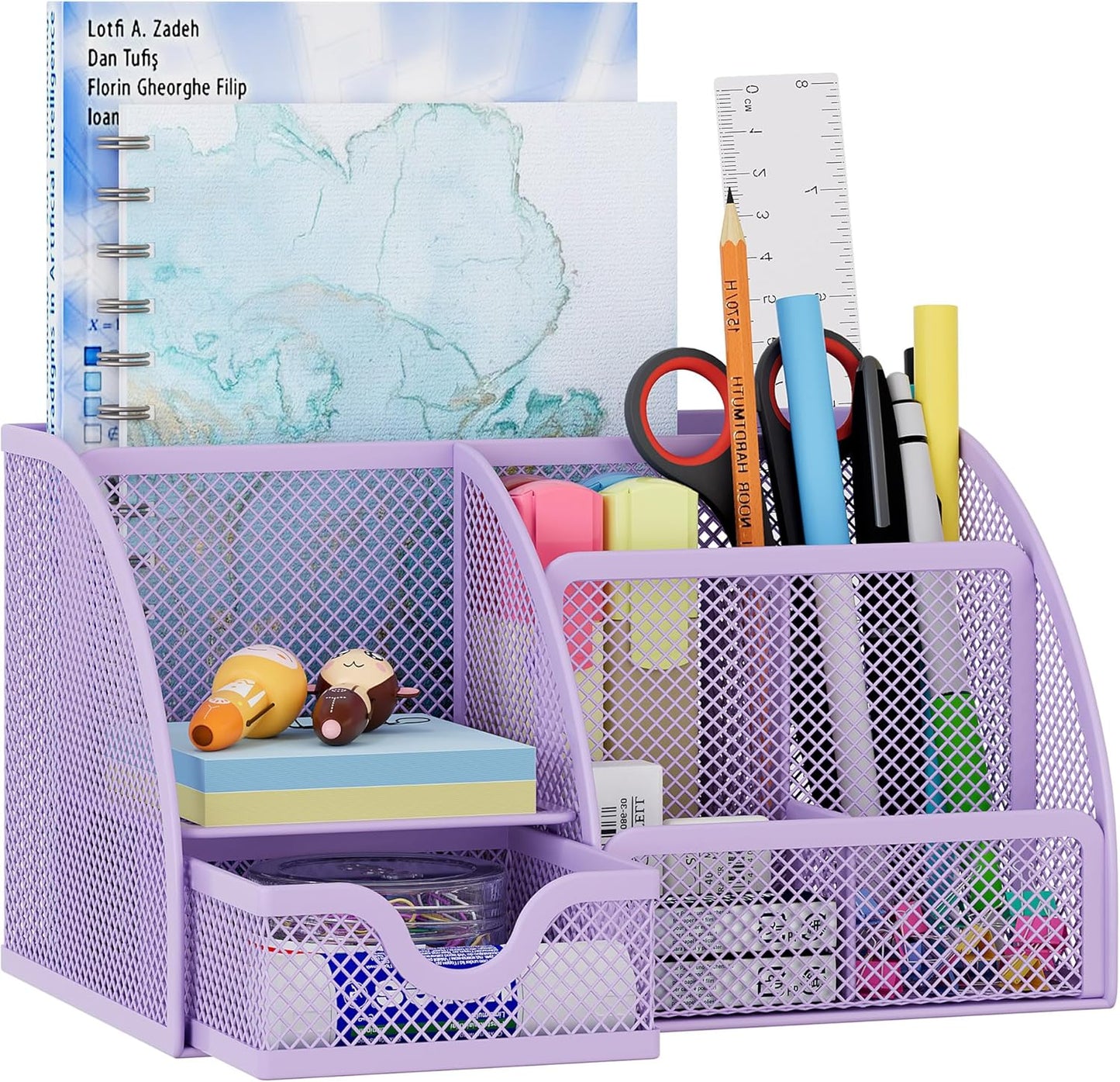 EasyPAG Mesh Desk Organizer with Drawer Multi-functional Pen Holder Stationery Organizer for Office School Supplies 6 Compartments Dorm Organizers and Storage for Desk, Black