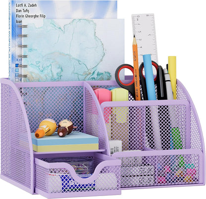 EasyPAG Mesh Desk Organizer with Drawer Multi-functional Pen Holder Stationery Organizer for Office School Supplies 6 Compartments Dorm Organizers and Storage for Desk, Black