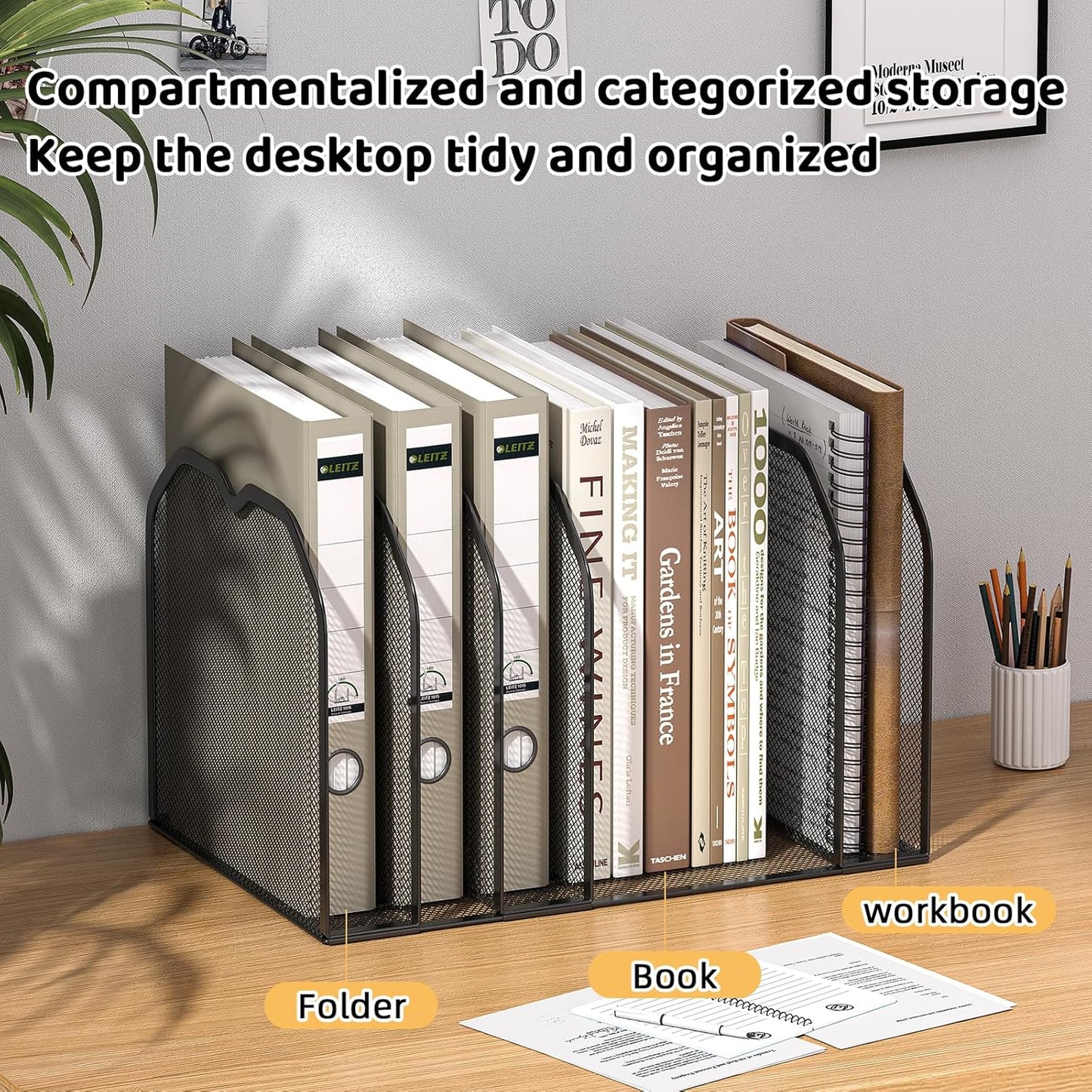 FANXIYQ Metal 7-Section File Folder Organizer for Desk | Vertical Office File Holder | Heavy-Duty Mesh Document Sorter for Books, Binders, Laptops | Black Desk Organizer (12.8”x8.5”x7.9”)