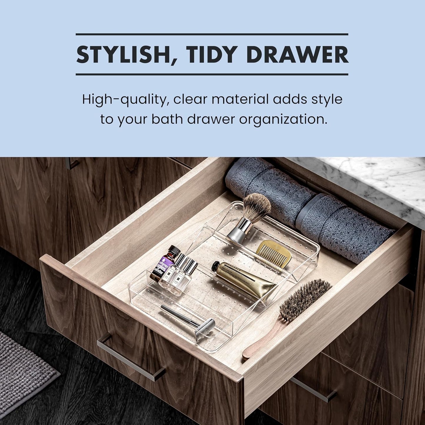 madesmart Angled Storage Tray, Make-up Bathroom Organizer, Lipstick, Razors, Q-Tips, Bath Essentials Angled for Easy-Viewing, Large, Clear