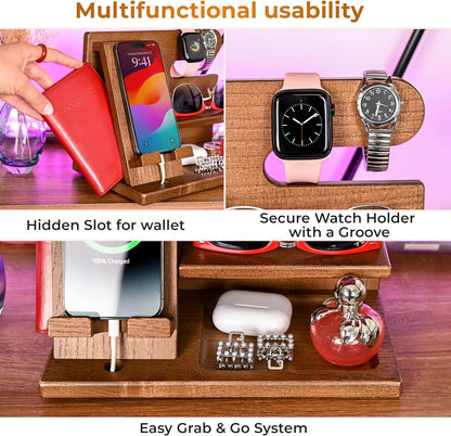 TESLYAR Wood Phone Docking Station for Men - Desktop or Nightstand Organizer - Birthday Gifts for Men, Dad - Anniversary Idea from Wife - Key Holder, Stand Wallet, Watch & Essentials (Granite Black)