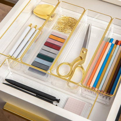 Martha Stewart Kerry Plastic Stackable Office Desk Drawer Organizers, 6" x 3", 6 Pack, with Gold Trim