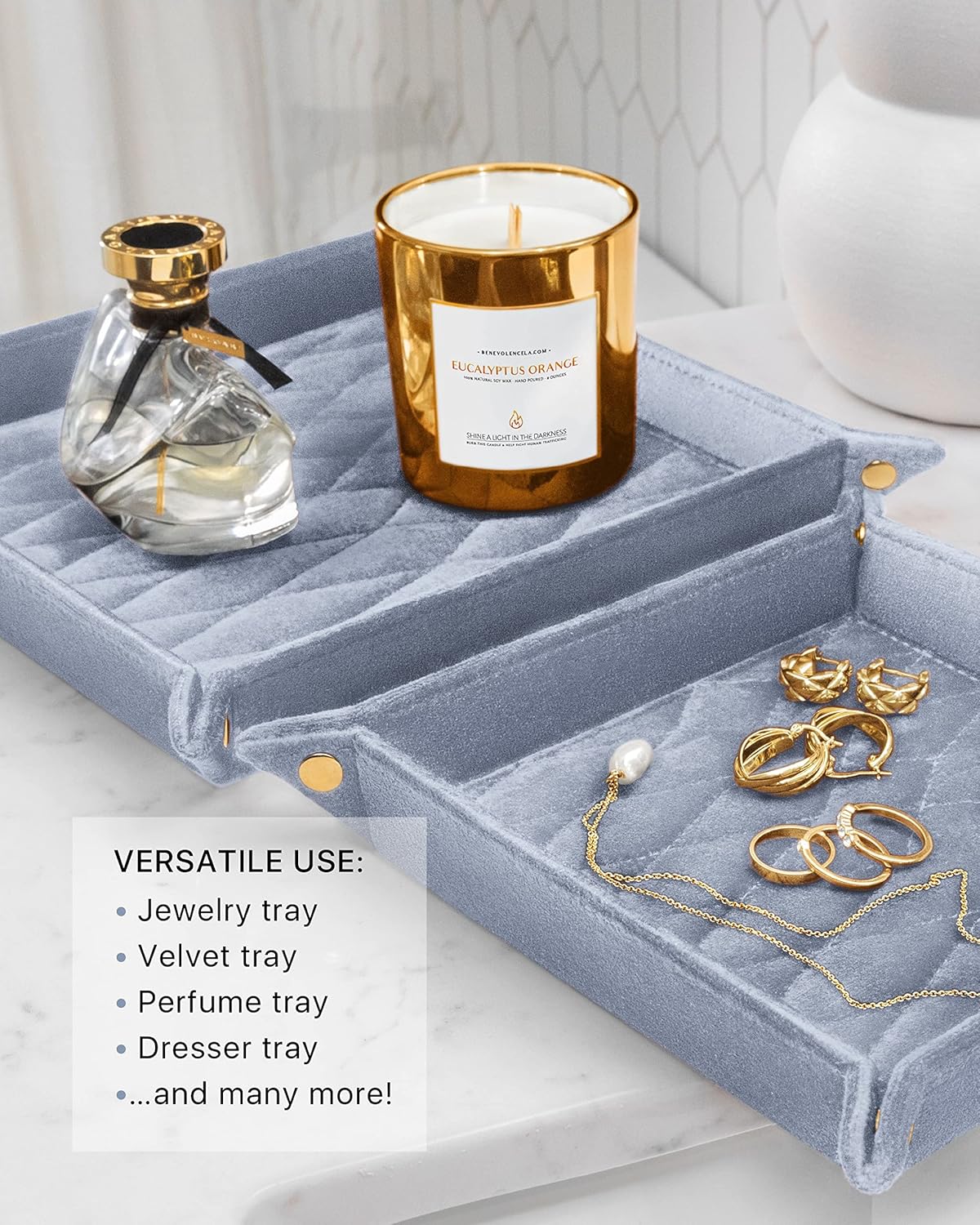 Benevolence LA Perfume & Jewelry Trays for Dresser, Set of 2 | Vanity Valet Organizer, Catch-All Tray for Makeup & Accessories | Decorative Desk & Dressing Table Organizer – Dusty Pink
