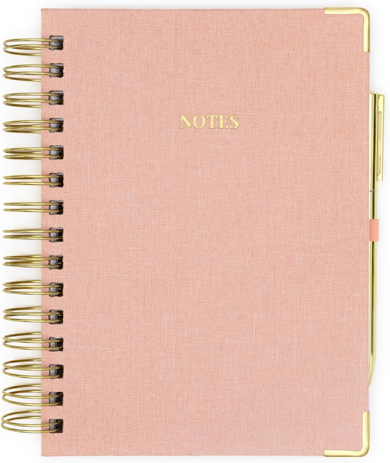 ELYN Lined Spiral Journal, Linen Hardcover Notebook with Matching Gold Gel Pen, 252 Pages, 8 in x 5 in - 100 GSM Premium Paper, Spiral Notebook for Home, Office, Notes & Gifts, (Linen)