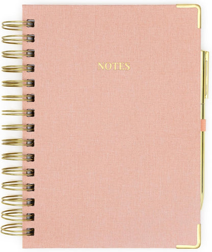 ELYN Lined Spiral Journal, Linen Hardcover Notebook with Matching Gold Gel Pen, 252 Pages, 8 in x 5 in - 100 GSM Premium Paper, Spiral Notebook for Home, Office, Notes & Gifts, (Linen)