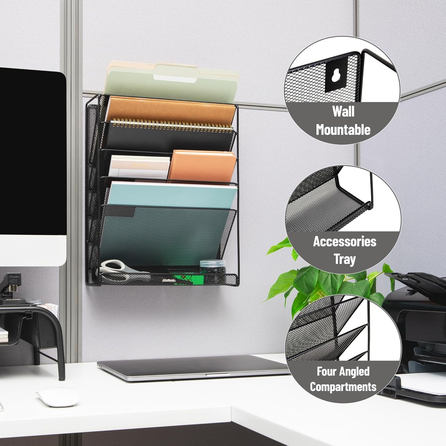 Mind Reader 5-Pocket Vertical File Storage, Desktop Organizer, Wall Mount, Office, Metal Mesh, Pink