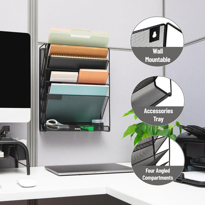 Mind Reader 5-Pocket Vertical File Storage, Desktop Organizer, Wall Mount, Office, Metal Mesh, Pink
