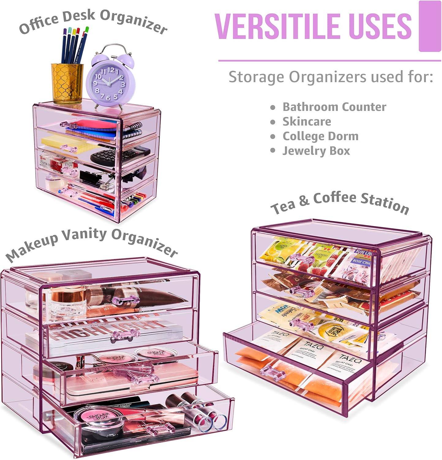 Sorbus Acrylic Makeup Organizer Set, 4-Drawer Vanity & Countertop Cosmetic Storage with Wide Drawers, Clear Makeup Storage for Brushes, Lipsticks, Jewelry – Holiday Gift for Women & Teens