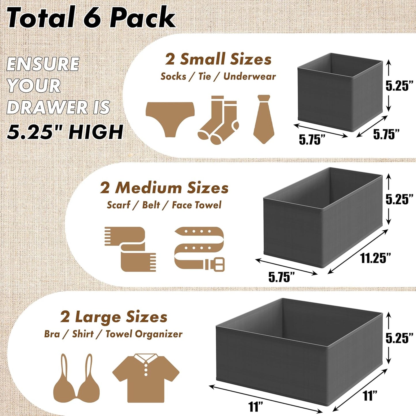 SIMPLE HOUSEWARE Foldable Drawer Organizer for Clothes/Underwear/Panty/Onesie Stocking Bin, Set of 12, Black