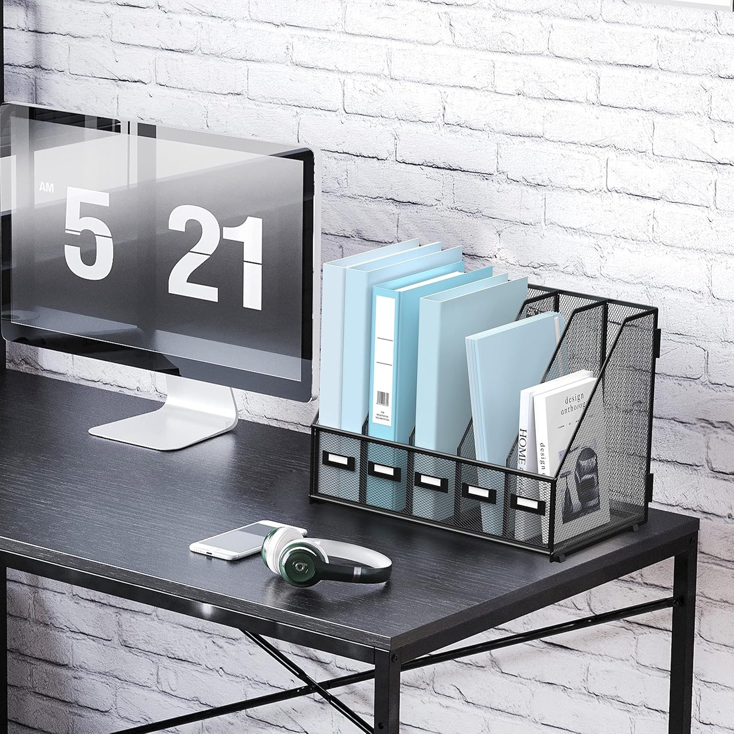 SUPEASY Desk Organizers Metal Desk Magazine File Holder with 5 Vertical Compartments Rack File Organizer for Office Desktop, Classroom, Home Workspace, Black