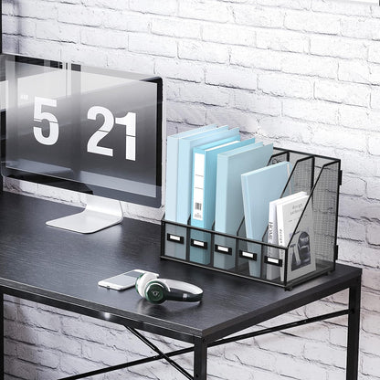 SUPEASY Desk Organizers Metal Desk Magazine File Holder with 5 Vertical Compartments Rack File Organizer for Office Desktop, Classroom, Home Workspace, Black