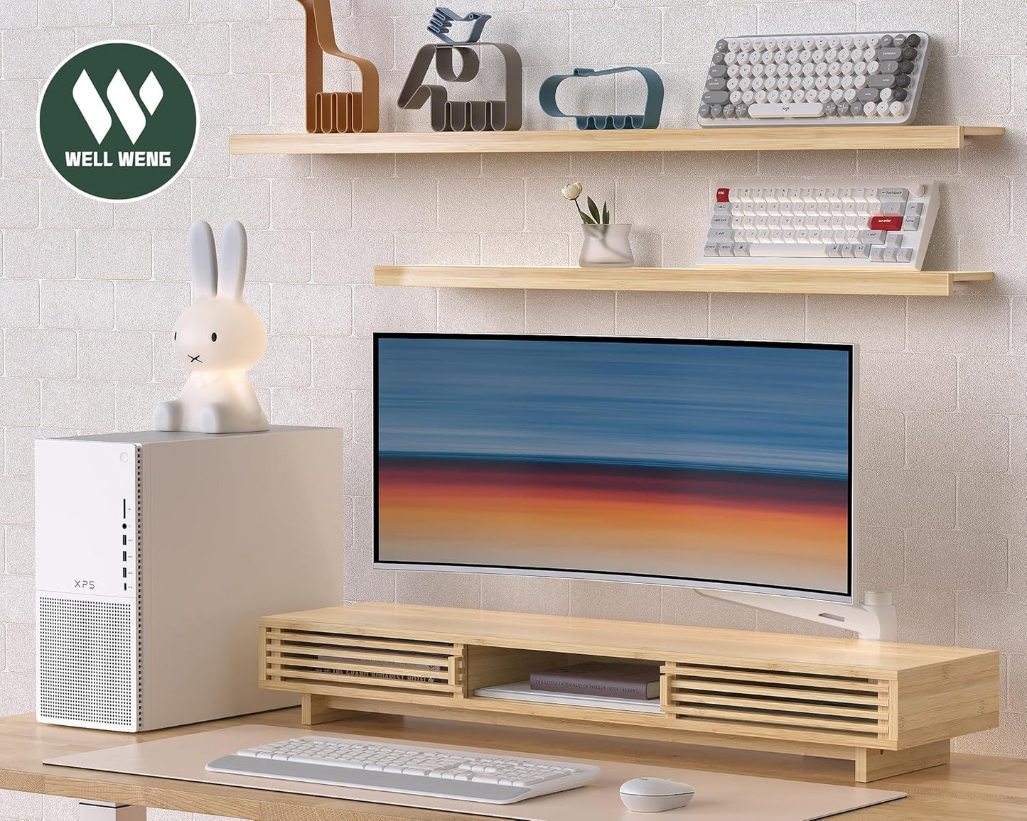 Monitor Stand Riser with Sliding Door, Computer Laptop Stand Desk Shelf Organizer with Storage (Natural Bamboo, 25 Inch)