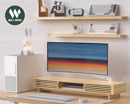 Monitor Stand Riser with Sliding Door, Computer Laptop Stand Desk Shelf Organizer with Storage (Natural Bamboo, 25 Inch)