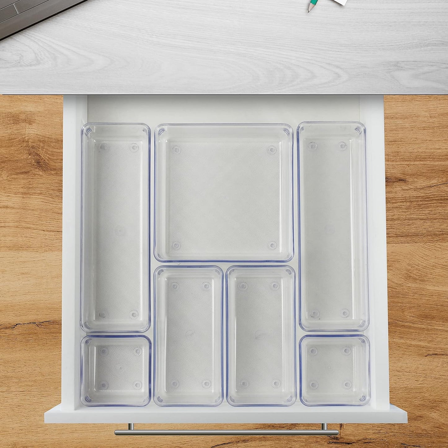 Acrimet 7 Pack Drawer Organizer Modular, Box Tray Storage Bins for Office, Home, Makeup, Kitchen, Junk Drawer (7 Units - 4 Sizes) (Clear Crystal Plastic)