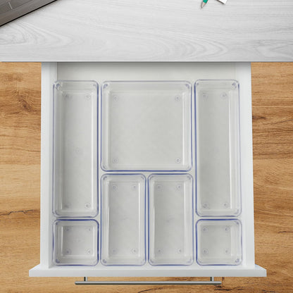 Acrimet 7 Pack Drawer Organizer Modular, Box Tray Storage Bins for Office, Home, Makeup, Kitchen, Junk Drawer (7 Units - 4 Sizes) (Clear Crystal Plastic)