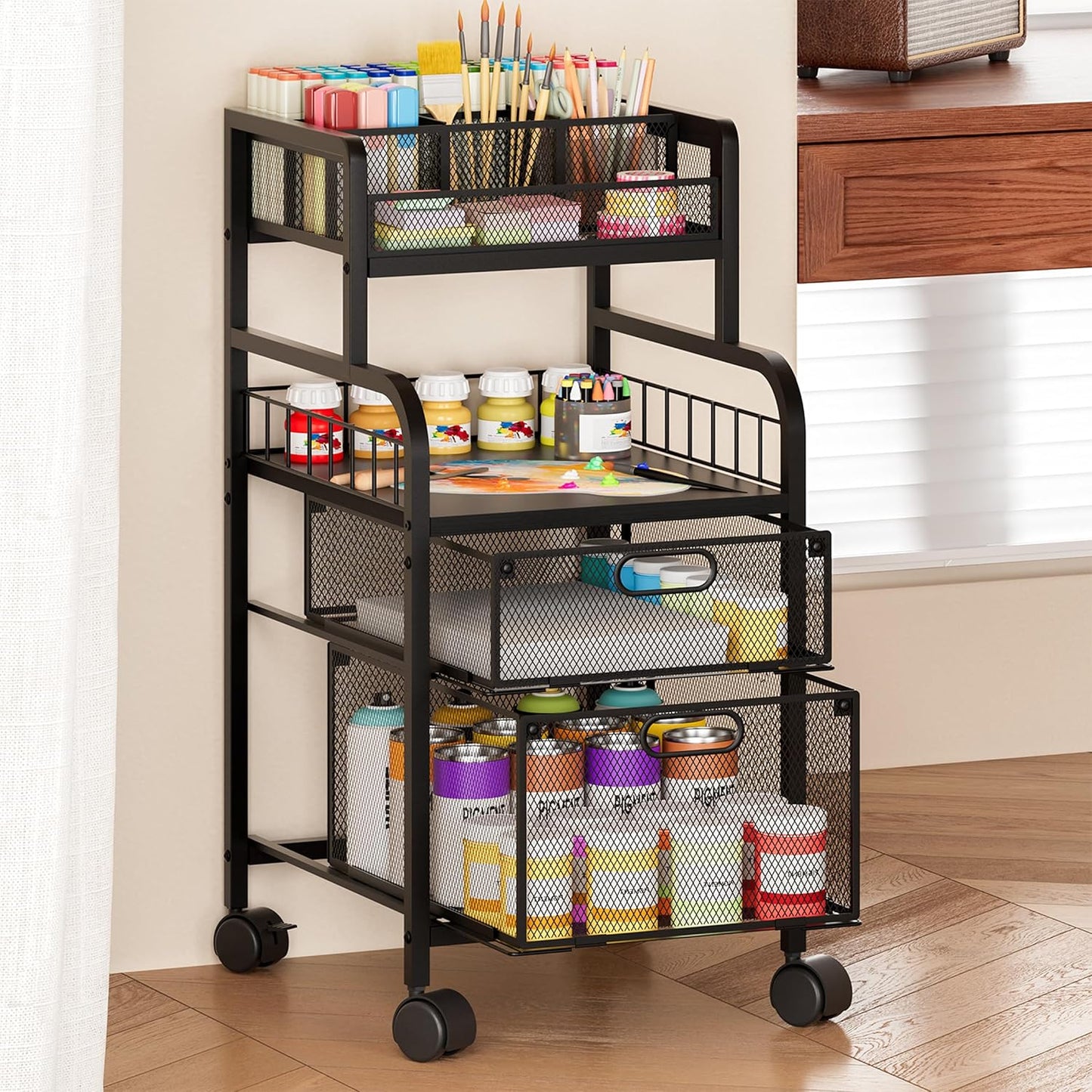 SWTYMIKI Rolling Cart with Drawers - Metal Utility Cart with Wood Shelf, DIY Divider and Locking Wheels, Craft & Art Cart Organizer for Under Desk Storage for Home Office Studio, Espresso