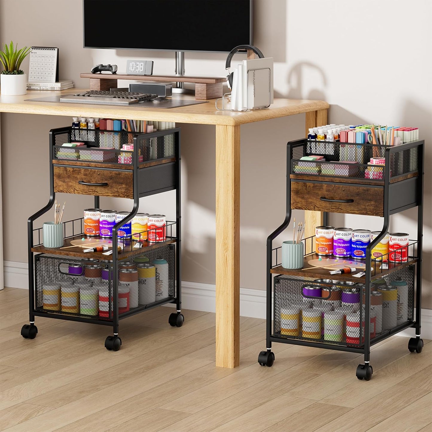 SWTYMIKI Rolling Under Desk Storage - Storage Cart with Drawers & DIY Divider - Art Cart Organizer on Wheels - Craft Rolling Utility Cart for Office, Craft Room & Studio Espresso