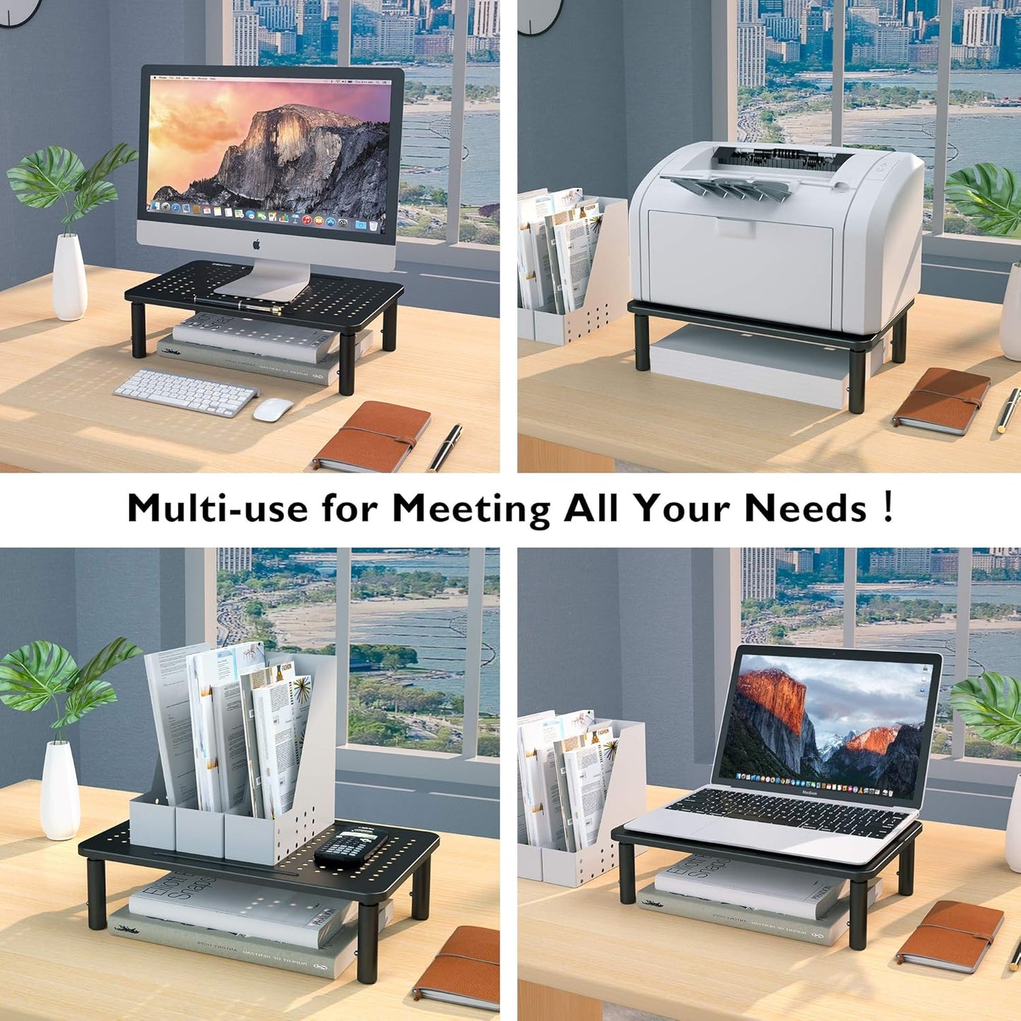 BONTEC Monitor Stand 2 Pack Height Adjustable Metal Riser with Pen Holder, Black, 14.5” x 9.1”, Ergonomic Desktop Stand for Computer, Printer, Laptop, Adjustable Desk Riser with Cable Management