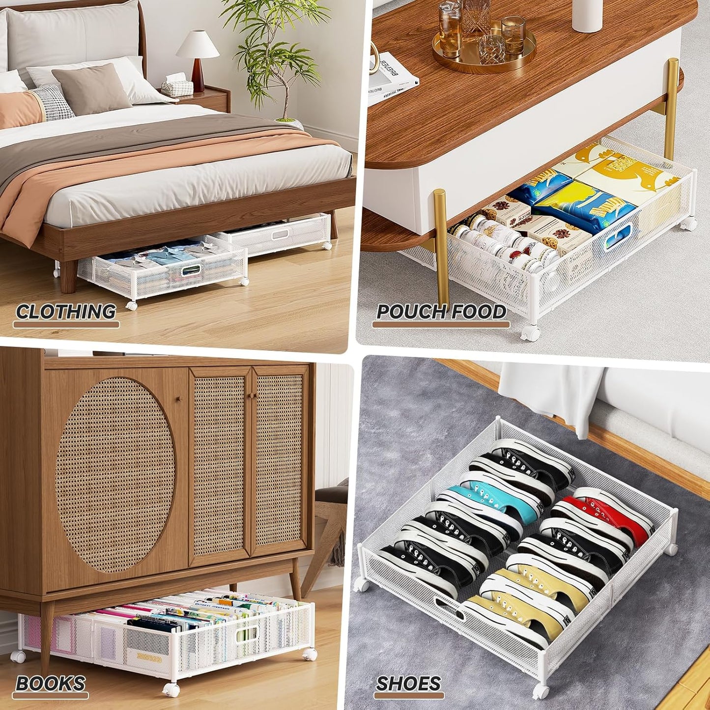 PHINOX Under Bed Storage Containers with Wheels, Under Bed Shoe Storage Organizer Drawer, Tool-free Assembly Metal Storage Containers for Bedroom Clothes Shoes Blankets -2PCK