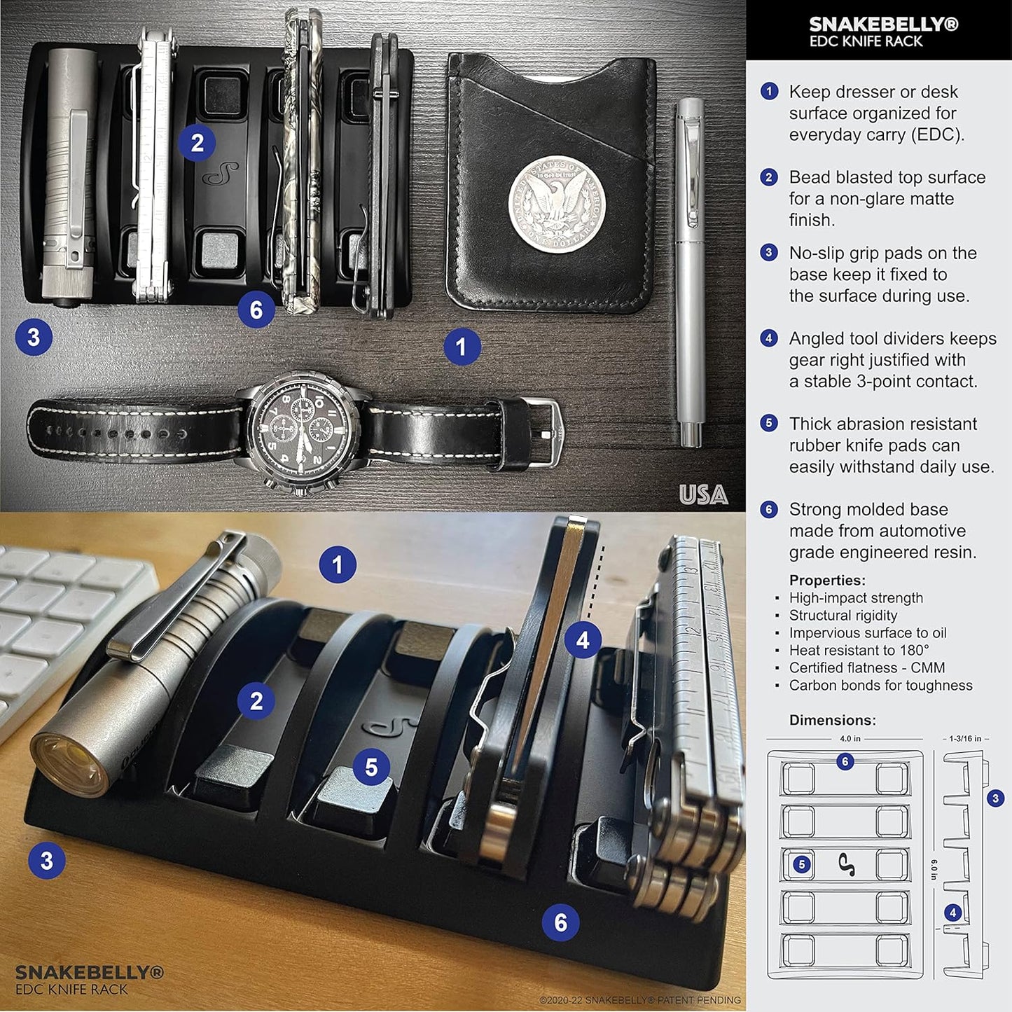 EDC Knife Rack - EDC Gear Organizer Tray - Holder for Knives & Accessories (Black)