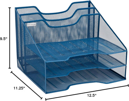 Mind Reader Metal Mesh Desktop File Organizer, 3-Tier Paper Tray with 5 Compartments, Office Mail Sorter, White