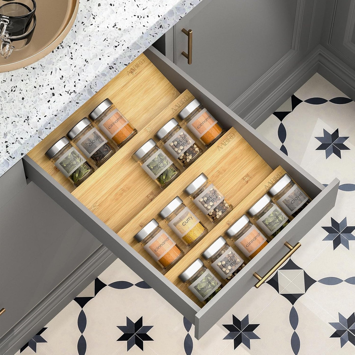 AMBIRD Spice Drawer Organizer, 4 Tier-2 Set Clear Spice Rack Tray Expandable From 11'' to 22'', Seasoning Organizer with non-slip tape for Kitchen, Cabinet, Drawers, Countertop(JARS NOT INCLUDED)