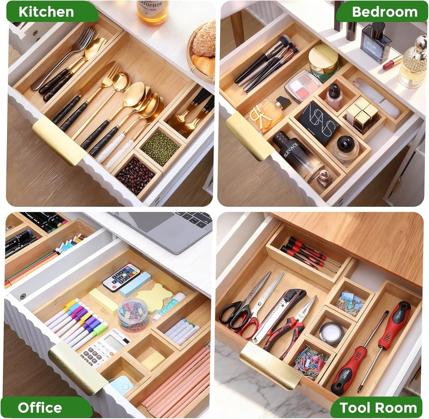 Bamboo Drawer Organizer Set, 5 PCS Multi-Use Individual Wood Storage Organizers, Junk Drawer Divider and Storage Trays Containers for Kitchen, Bathroom, Office Desk, Makeup, Jewelry, Utensils