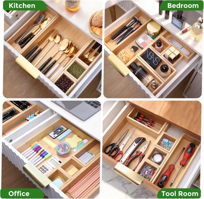 Bamboo Drawer Organizer Set, 5 PCS Multi-Use Individual Wood Storage Organizers, Junk Drawer Divider and Storage Trays Containers for Kitchen, Bathroom, Office Desk, Makeup, Jewelry, Utensils