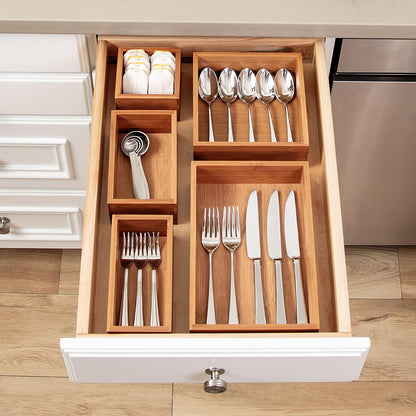 Seville Classics Bamboo Premium Organizer Storage Bins for Kitchen Silverware, Pantry, Closet, Office Desk, Pens, Utensils, Makeup, K Cup, Bamboo, Bag Holder Bin Set (4 Piece)