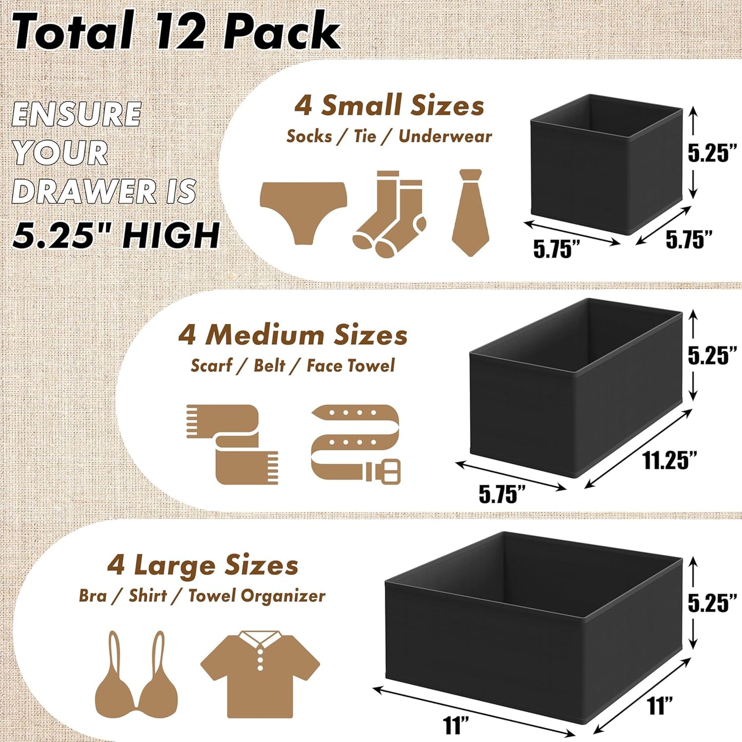 SIMPLE HOUSEWARE Foldable Drawer Organizer for Clothes/Underwear/Panty/Onesie Stocking Bin, Set of 12, Black