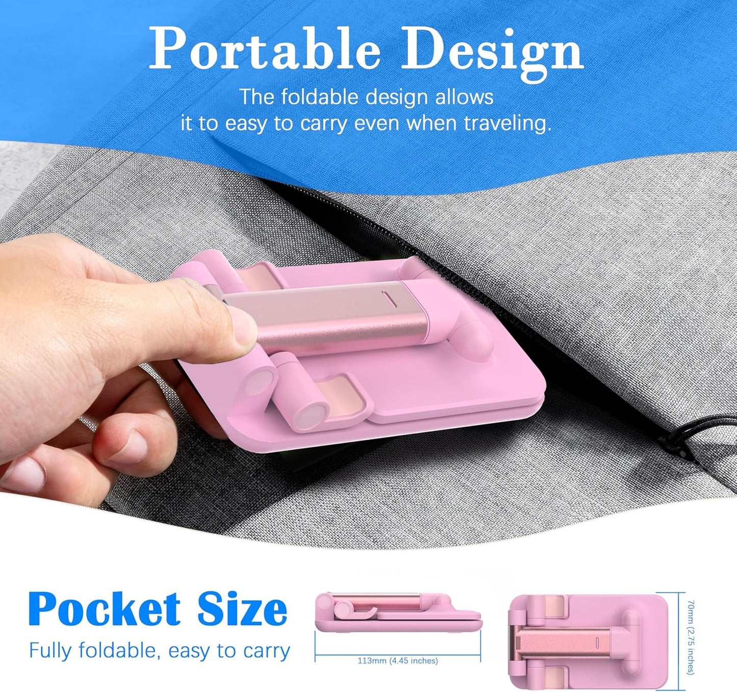 Cell Phone Stand, Adjustable Angle and Height Cell Phone Holder for Desk, Foldable and Portable, Anti-Slip Silicone Pad, Compatible with All Mobile Phones and 4-8 Inch Devices, Pink