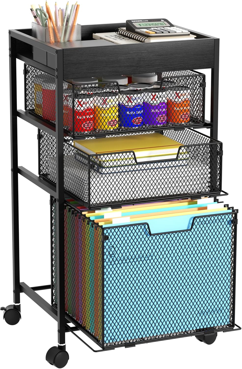 SWTYMIKI Rolling File Cart with Drawers - 4 Tier Under Desk Storage Craft Rolling Organizer Cart - Office Storage &Organization, Mobile Metal Filing Cabinet for Office and Home Espresso