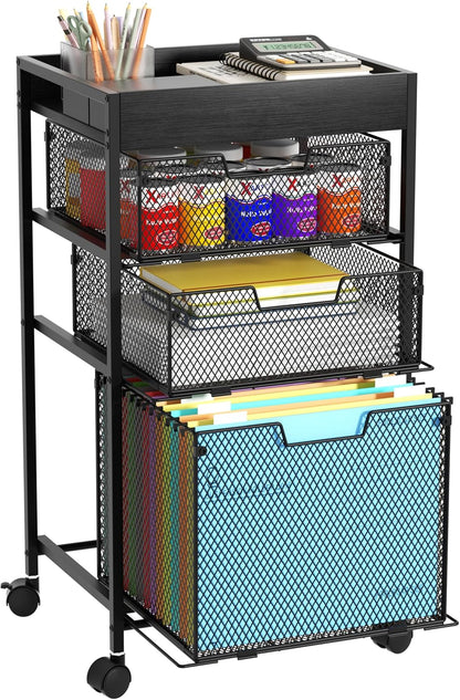 SWTYMIKI Rolling File Cart with Drawers - 4 Tier Under Desk Storage Craft Rolling Organizer Cart - Office Storage &Organization, Mobile Metal Filing Cabinet for Office and Home Espresso