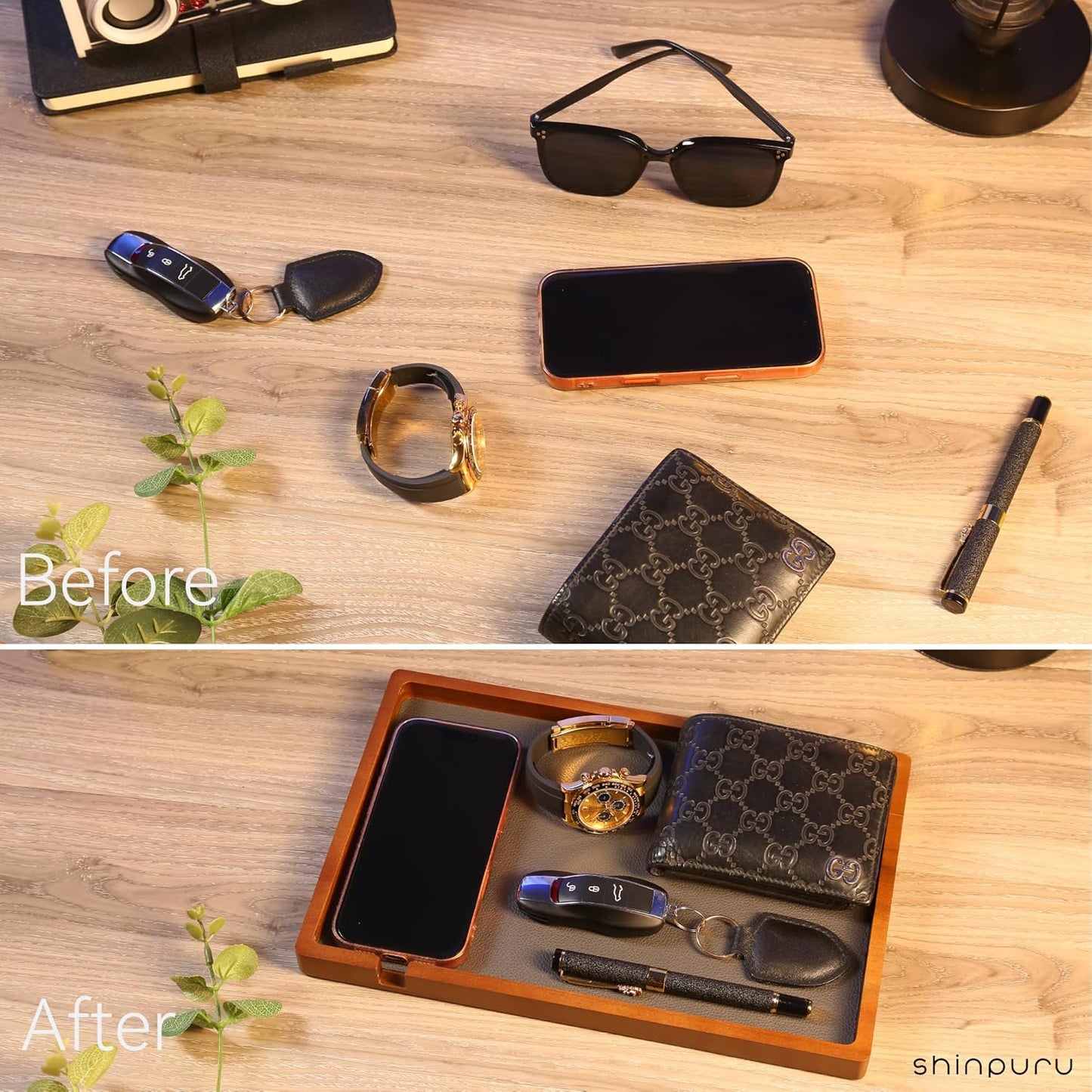 Shinpuru Wooden Valet Tray for Men, Nightstand Organizer with Leather Inlay, EDC Essentials Catchall Tray for Keys, Phone, Wallet, Watch, Earbuds - Bedside Desk Entryway Tray (Wood)
