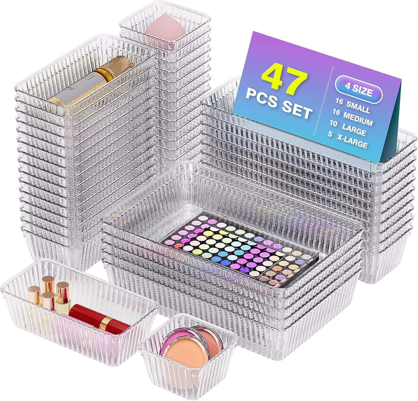 15 PCS Clear Plastic Drawer Organizer Set - 4 Sizes Makeup Organizer Desk Drawer Divider Bathroom Organizers and Storage Bins for Makeup, Jewelry, Gadgets, Office, Kitchen, Bedroom, Bathroom