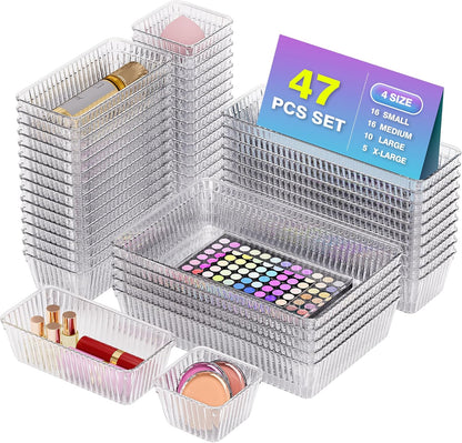15 PCS Clear Plastic Drawer Organizer Set - 4 Sizes Makeup Organizer Desk Drawer Divider Bathroom Organizers and Storage Bins for Makeup, Jewelry, Gadgets, Office, Kitchen, Bedroom, Bathroom