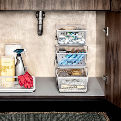 madesmart Two-Tier Bathroom Cabinet Organizer, Sliding Drawer Storage for Bottles, Sponges & Cleaning Supplies, Blue