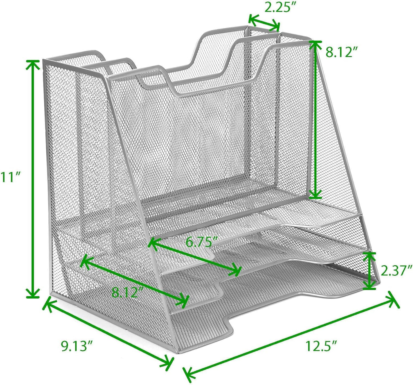 Mind Reader Metal Mesh Desktop File Organizer, 3-Tier Paper Tray with 5 Compartments, Office Mail Sorter, White