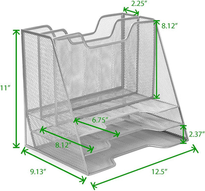 Mind Reader Metal Mesh Desktop File Organizer, 3-Tier Paper Tray with 5 Compartments, Office Mail Sorter, White