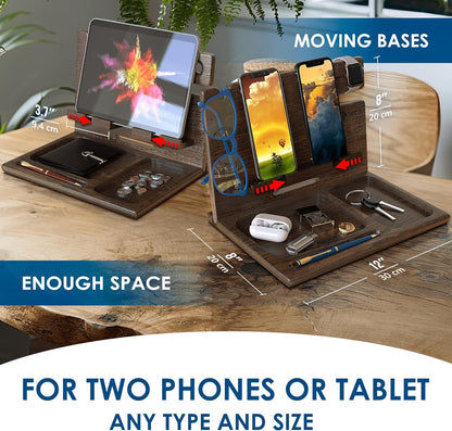 BarvA Two Phone Docking Station | Night Stand Desk Organizer | Wood Nightstand Organizer | Tablet Smart Watch Earbuds Charging Station | Upgraded Dresser Phone Stand | Bed Room Decor Gifts for Men
