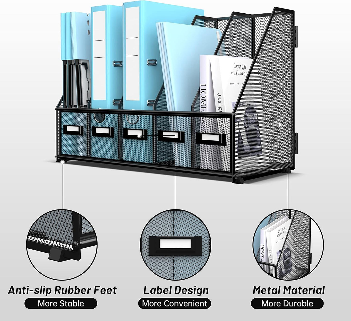 SUPEASY Desk Organizers Metal Desk Magazine File Holder with 5 Vertical Compartments Rack File Organizer for Office Desktop, Classroom, Home Workspace, Black