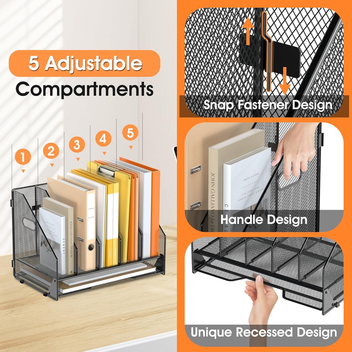 Desk File Folder Holder Organizer-5 Vertical Compartments Racks and Paper Letter Tray,Mesh Magazine File Holder Sorter,Desktop Accessories & Workspace Organizers for Home,Office,School-Black