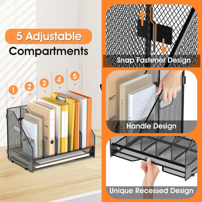 Desk File Folder Holder Organizer-5 Vertical Compartments Racks and Paper Letter Tray,Mesh Magazine File Holder Sorter,Desktop Accessories & Workspace Organizers for Home,Office,School-Black
