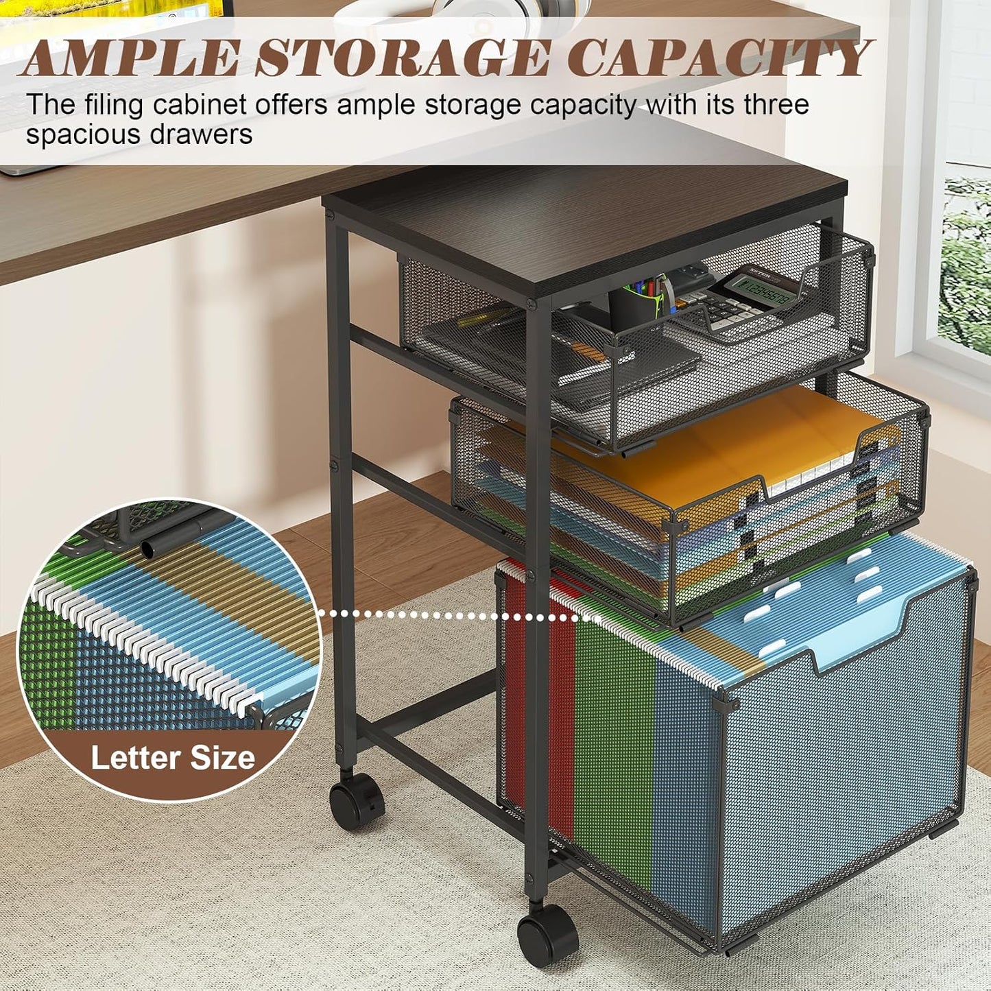 Sbanmao Rolling File Cart with 2 Storage Drawers, Mobile File Cabinet with Wheels, Hanging File Folder Organizer, Under Desk Storage, Printer Stand Utility Cart Filing Cabinet for Home Office,Black