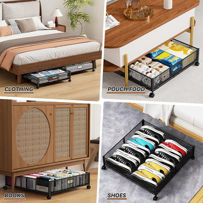 PHINOX Under Bed Storage Containers with Wheels, Under Bed Shoe Storage Organizer Drawer, Tool-free Assembly Metal Storage Containers for Bedroom Clothes Shoes Blankets -2PCK