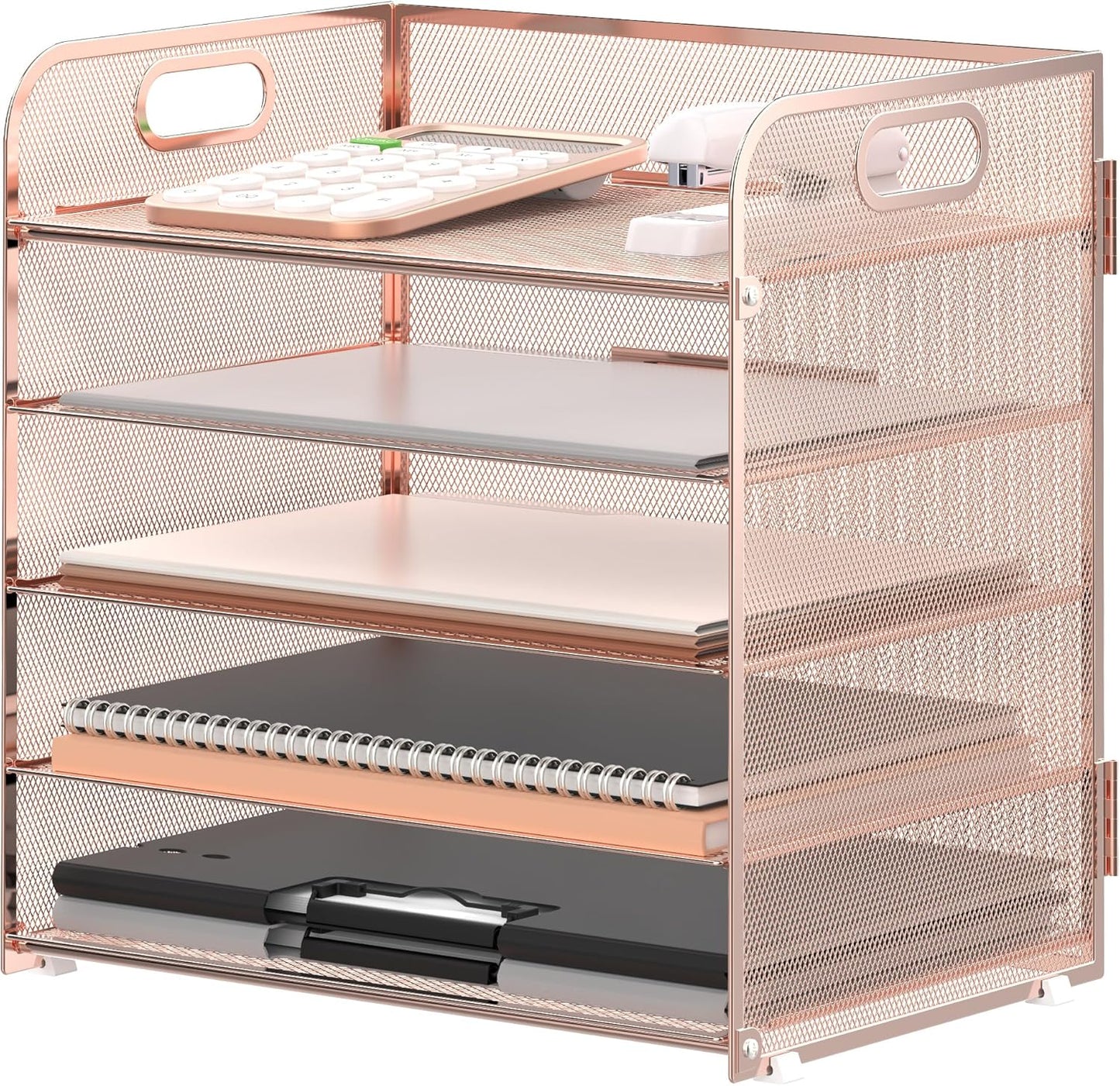 Supeasy 5 Trays Paper Organizer Letter Tray with Handle-Mesh Desk File Holders, Paper Sorter Desk Organizer for Office, Home, Classroom or School, White
