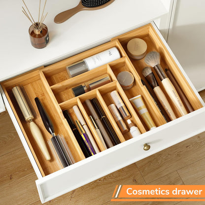 BAMEOS drawer organizer flatware organizer cutlery tray silverware organizer expandable adjustable bamboo drawer organizer kitchen bathroom